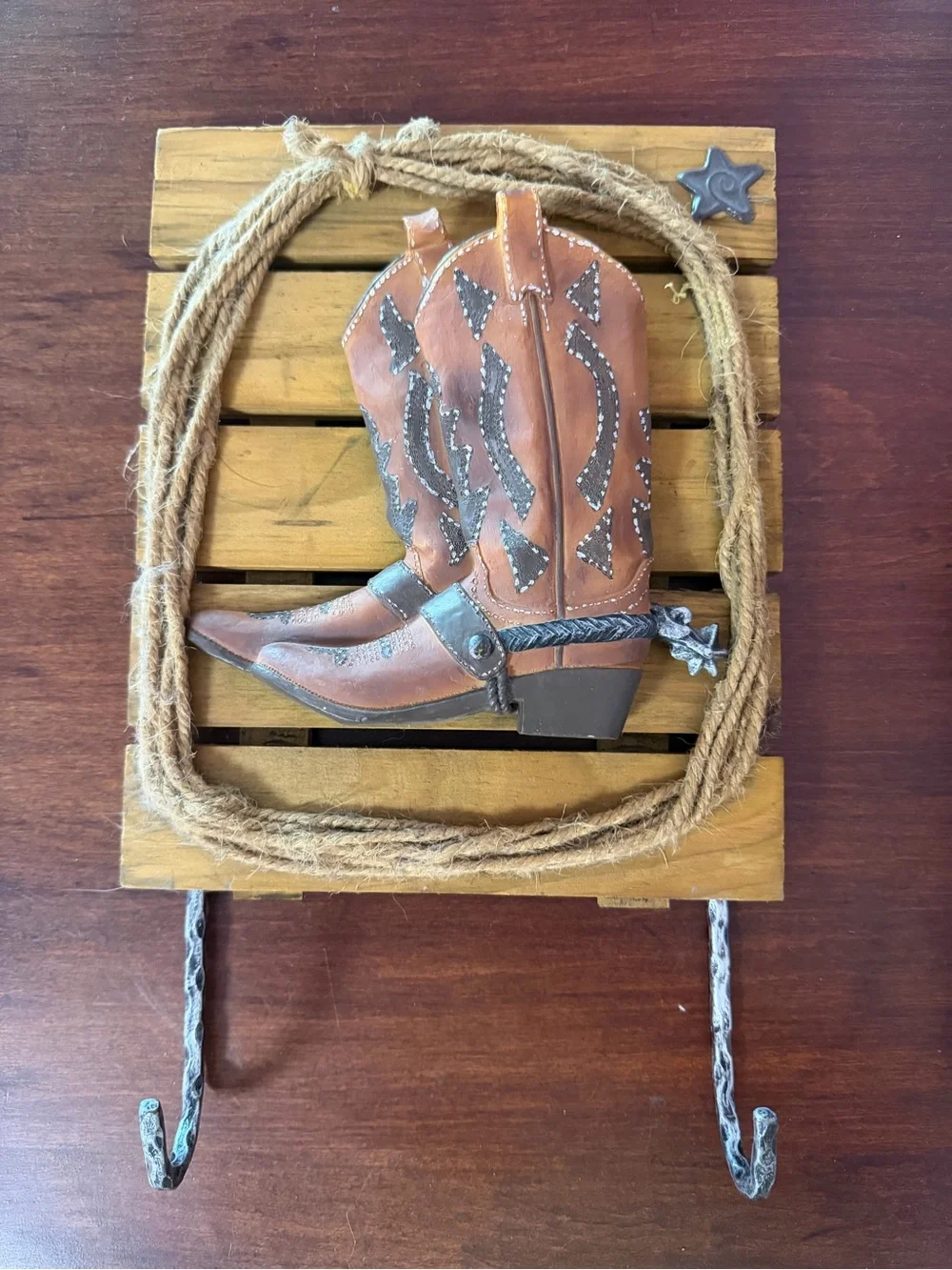 Rustic Brown Cowboy Boot Wall Hook - Unbranded